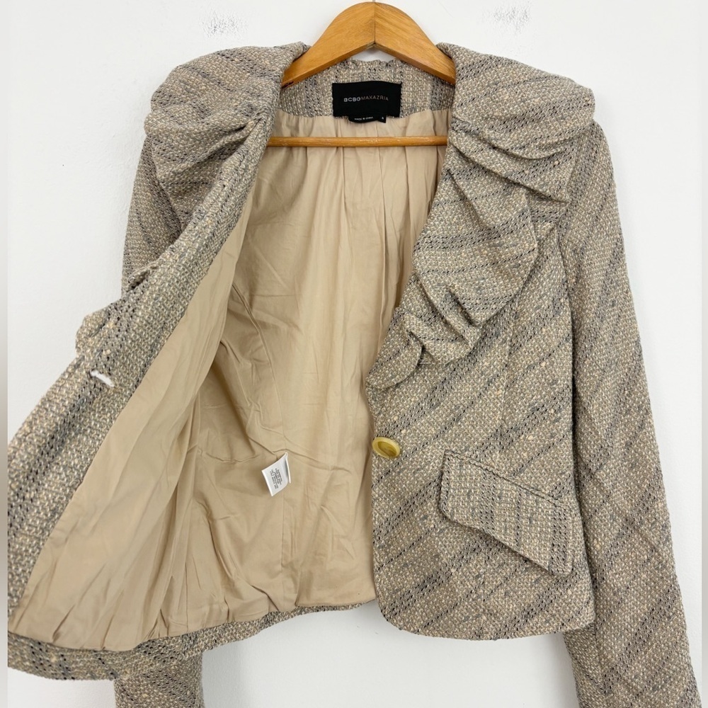 BCBGMaxazria Tan Tweed Wool Ruffle Lapel Neck Blazer Jacket Size Small - Picture 8 of 16